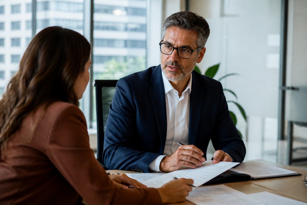 Consultant in professional business attire reviewing client documents and discussing strategy across a modern desk in a bright office setting
