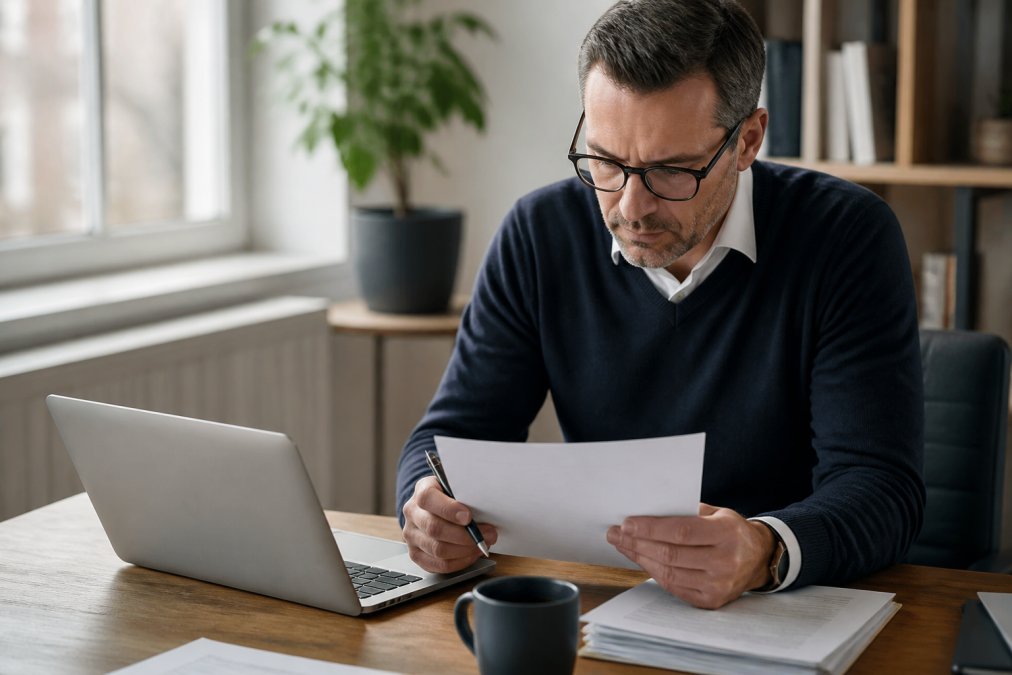 Business professional in business casual attire carefully reviewing insurance policy documents and comparing options on a laptop at a desk with a cup of coffee nearby