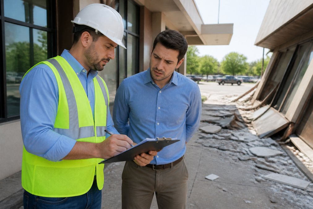 Contractor in safety vest reviewing accident documentation on a job site with client after property damage incident, natural daylight