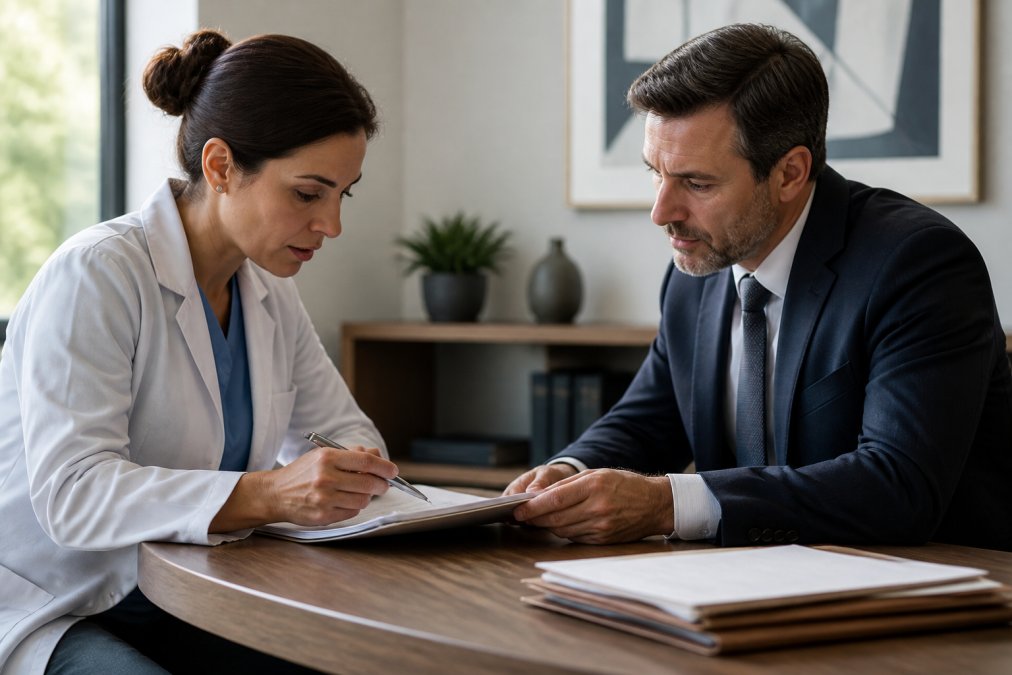 A healthcare professional in a white coat reviewing documents with a lawyer across a desk in a calm, modern office setting with natural window light