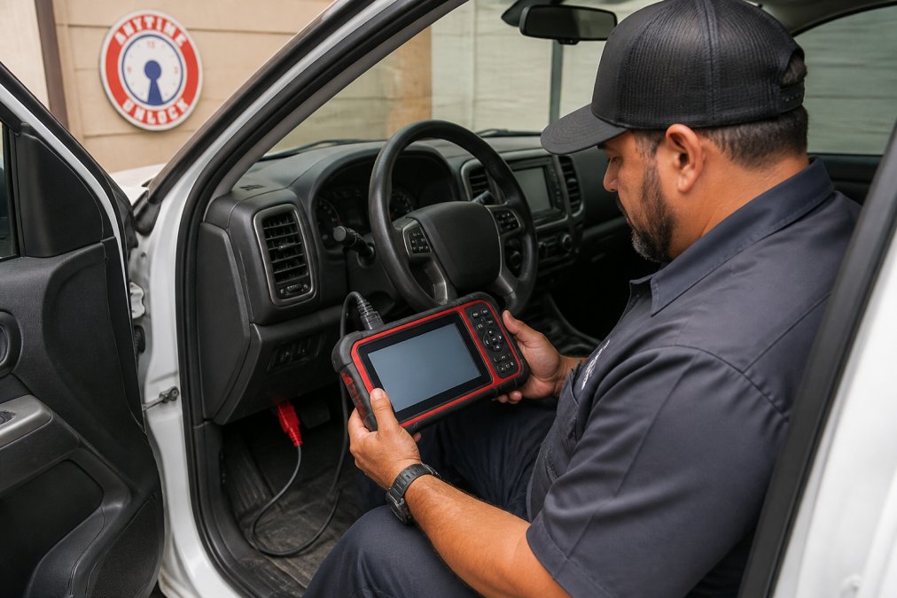 A professional locksmith in a service van using a handheld diagnostic tool connected to a car's OBDII port, with the driver's door open and the locksmith focused on a tablet screen showing programming progress