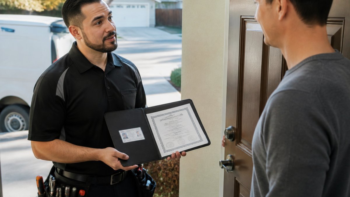 Professional locksmith in uniform displaying credentials and insurance certificate of insurance documentation to homeowner at residential doorway before beginning work