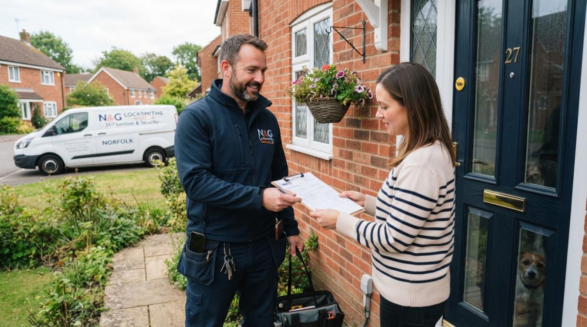 A professional locksmith in branded workwear handing a written itemised quote to a homeowner at a front door, clipboard in hand, bright daytime exterior shot