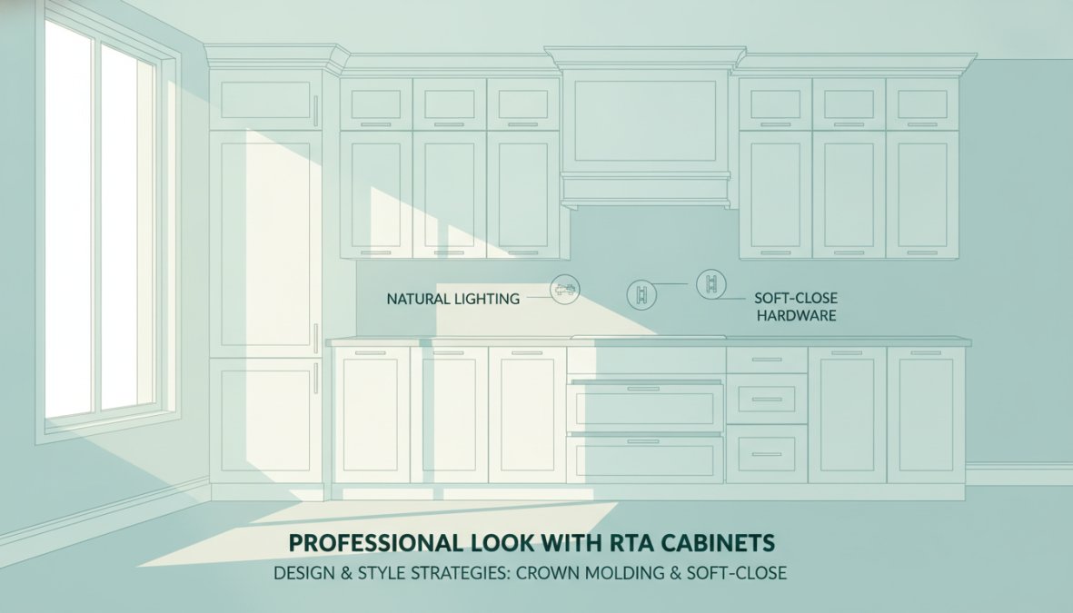 Modern kitchen featuring white shaker-style RTA cabinets with soft-close hardware, crown molding installed at ceiling line, and professional finishing showing clean lines and aligned doors under natural window lighting
