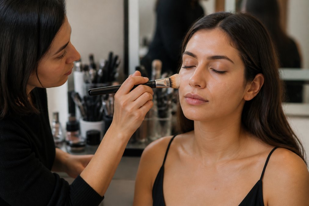 Professional makeup artist's hands applying foundation with a soft brush to a client's face, demonstrating precise blending technique and seamless product application under studio lighting