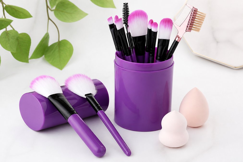 Flat lay arrangement of professional makeup brushes and blending sponges displayed on a clean white surface with soft natural lighting, showing various brush shapes and sizes including foundation, eyeshadow, and blending tools