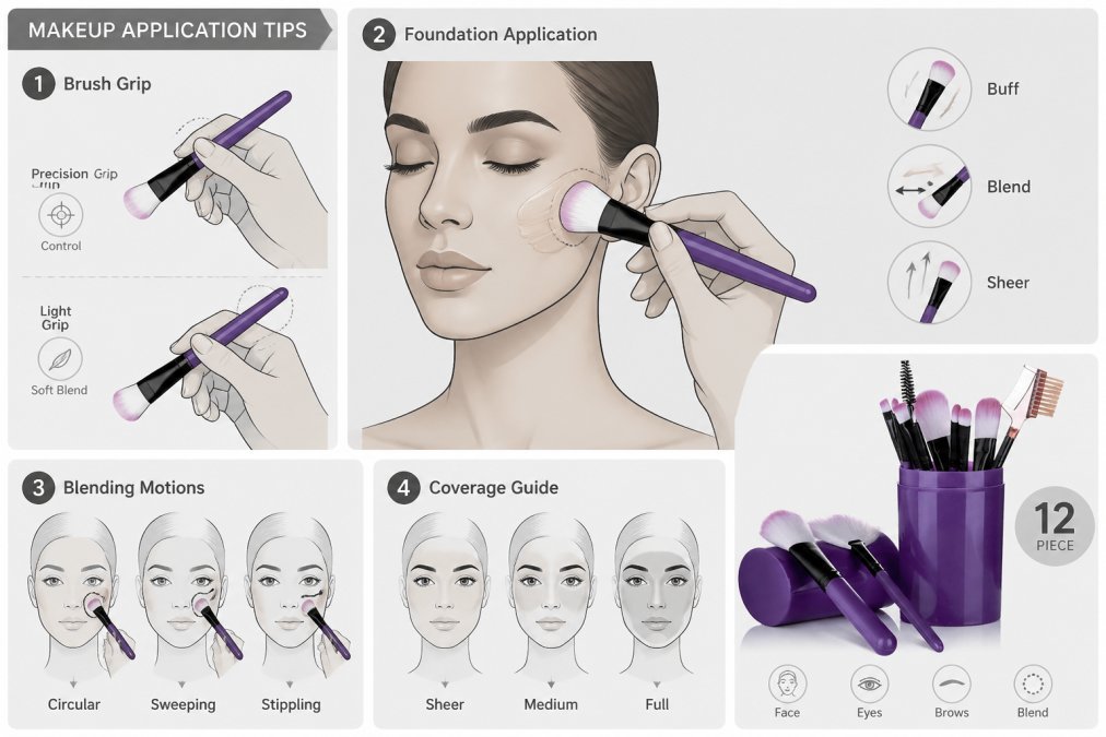 Close-up of hands demonstrating proper brush grip and foundation application technique on a model's face, showing precise blending motions with soft natural lighting