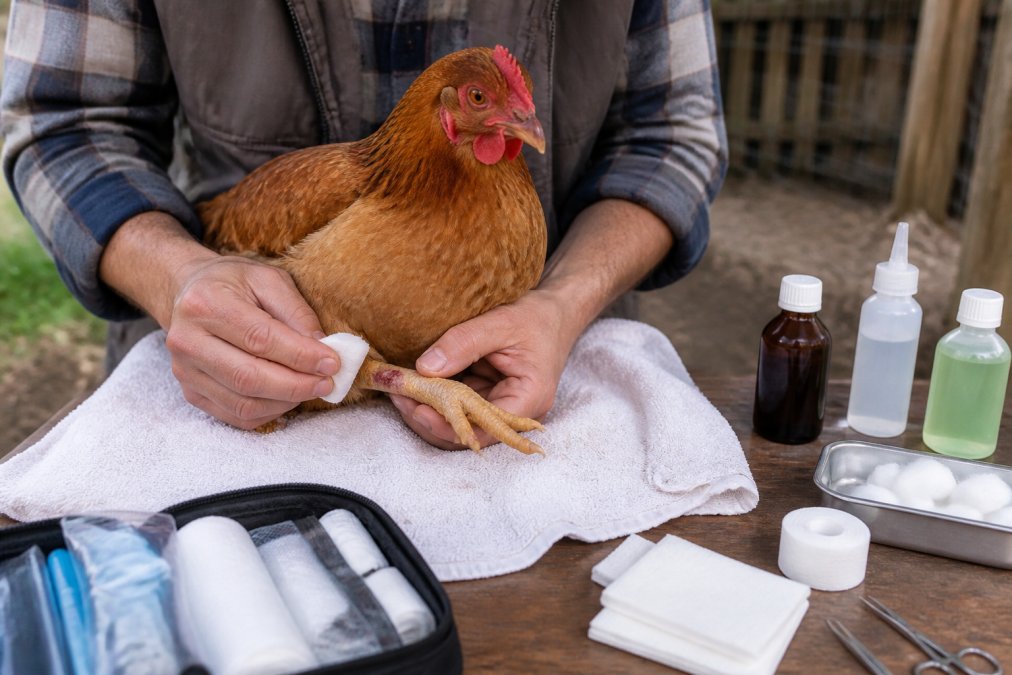 A person in casual outdoor clothing gently restraining a calm backyard chicken on a clean towel while preparing to clean a small wound on its leg, with first aid supplies like gauze and antiseptic nearby on a wooden table