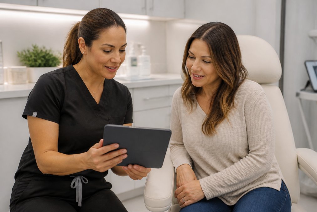 Nurse injector consulting with a patient on medical spa services in a modern San Antonio clinic room