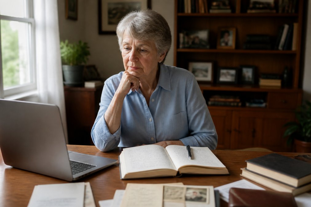 Older adult sitting at a desk with a laptop and handwritten journal, thoughtfully considering options while looking at notes about their life story, natural window lighting