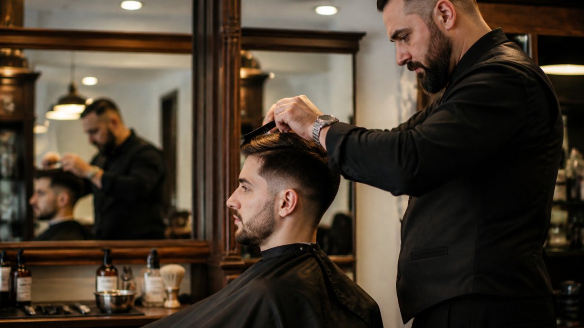 Professional barber performing precision haircut on client in refined barbershop with warm lighting, traditional grooming tools, and mirror