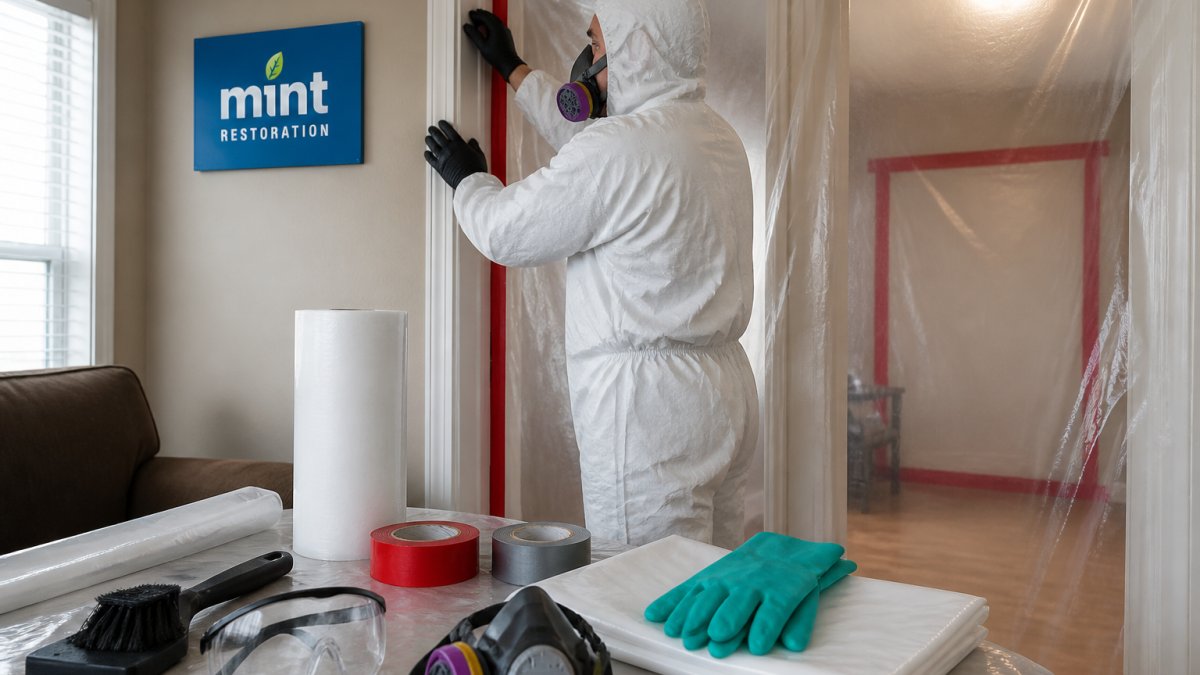 A remediation technician in white protective coveralls, respirator, and gloves sealing a doorway with plastic sheeting inside a residential home, containment barriers visible in the background