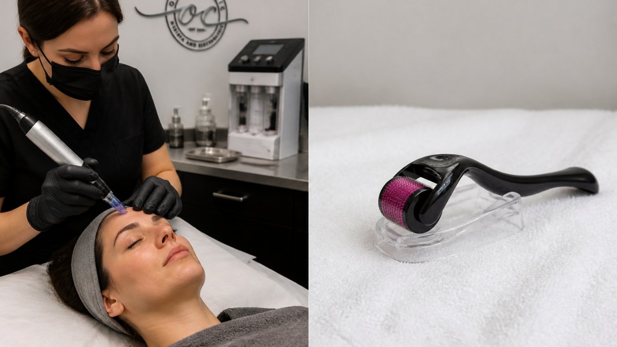 Professional demonstrating microneedling treatment with medical-grade device in clinical setting with controlled lighting and sterile environment