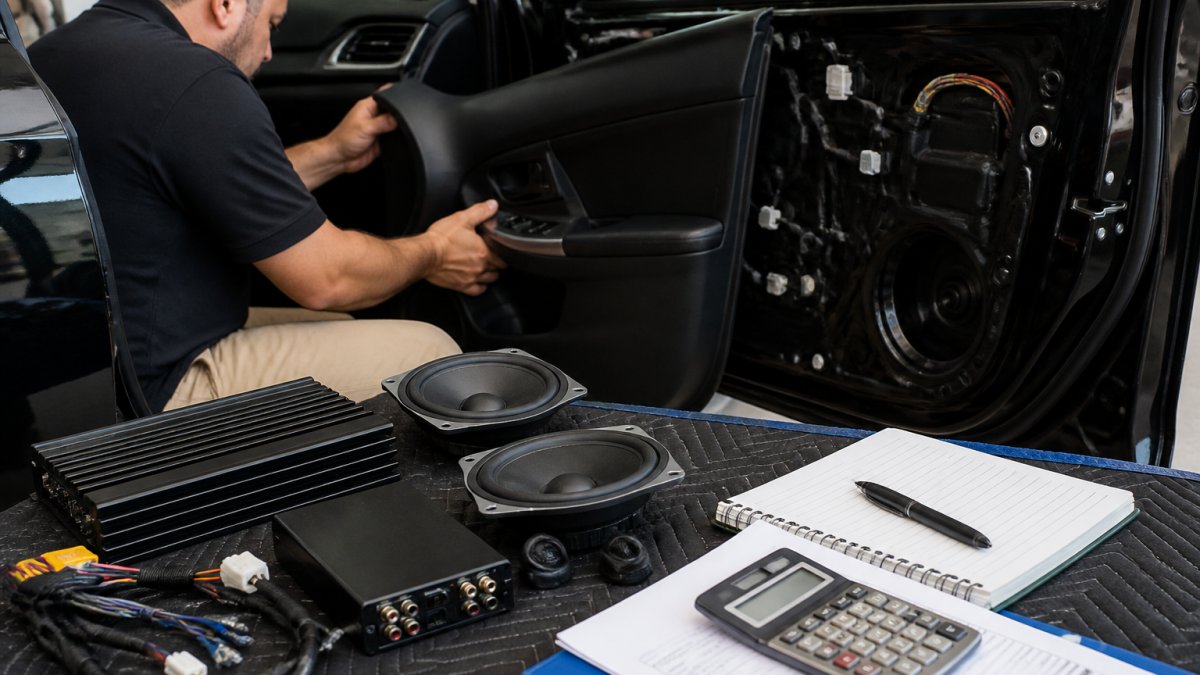 Technician removing a car door panel to manage car audio installation cost and speaker replacement