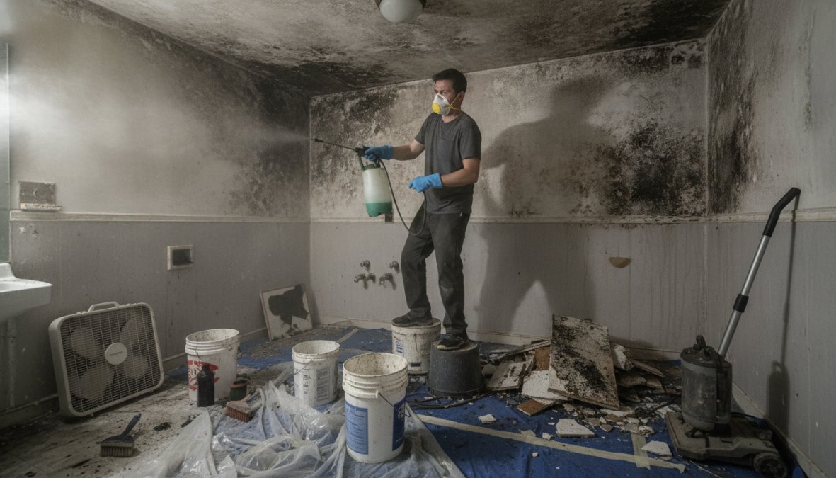 Professional illustration showing Close for mold removal vs diy