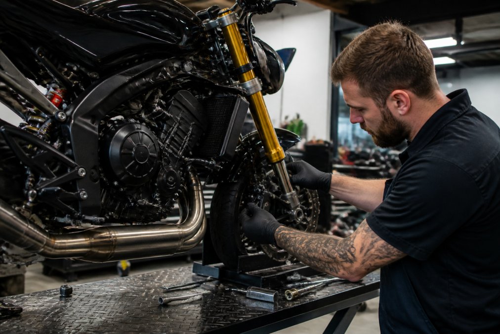 Professional technician using diagnostic equipment on motorcycle suspension and engine components in modern shop setting with precision tools visible