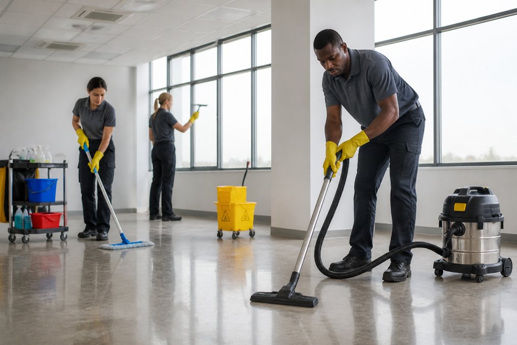 Professional cleaning crew with equipment and supplies preparing to clean an empty commercial office space, mops and vacuums ready, showing attention to detail
