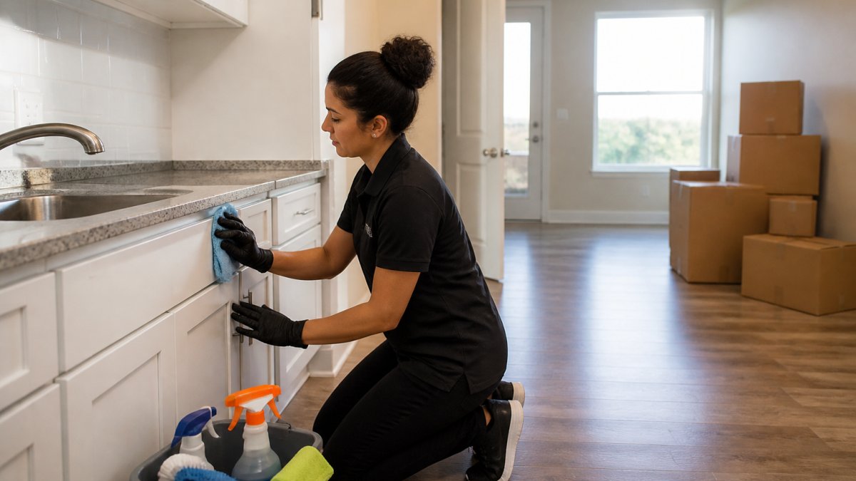 A professional cleaner in a branded apron wiping down kitchen cabinet doors and baseboards in a bright, empty apartment, with moving boxes stacked near the door and daylight coming through bare windows
