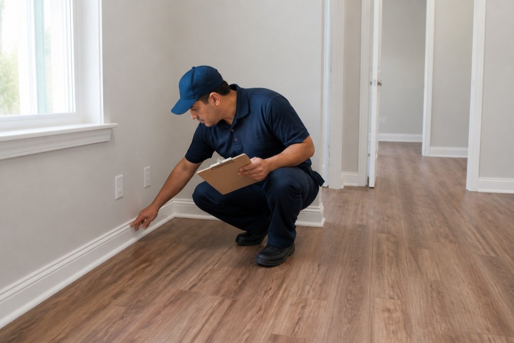 Professional cleaner in uniform inspecting an empty rental apartment, checking baseboards and corners with a checklist in hand