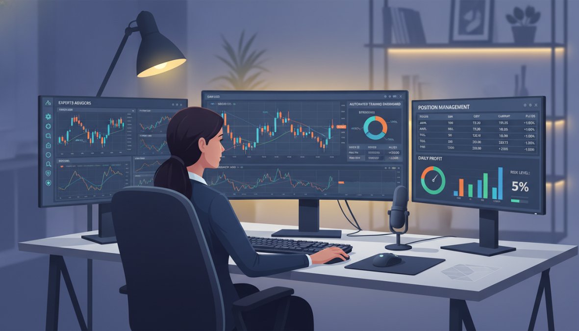 A focused trader at a multi-monitor desk displaying live MetaTrader 5 charts and [automated trading](/automated-trading-strategies-mt5/) dashboards in a professional home office setup, with warm ambient lighting and a second screen showing position management data