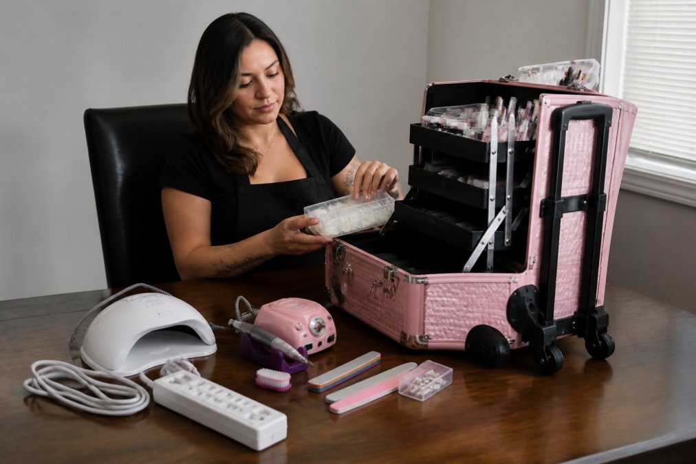 Infographic checklist of professional nail supplies for mobile technicians organized in a rolling travel case.
