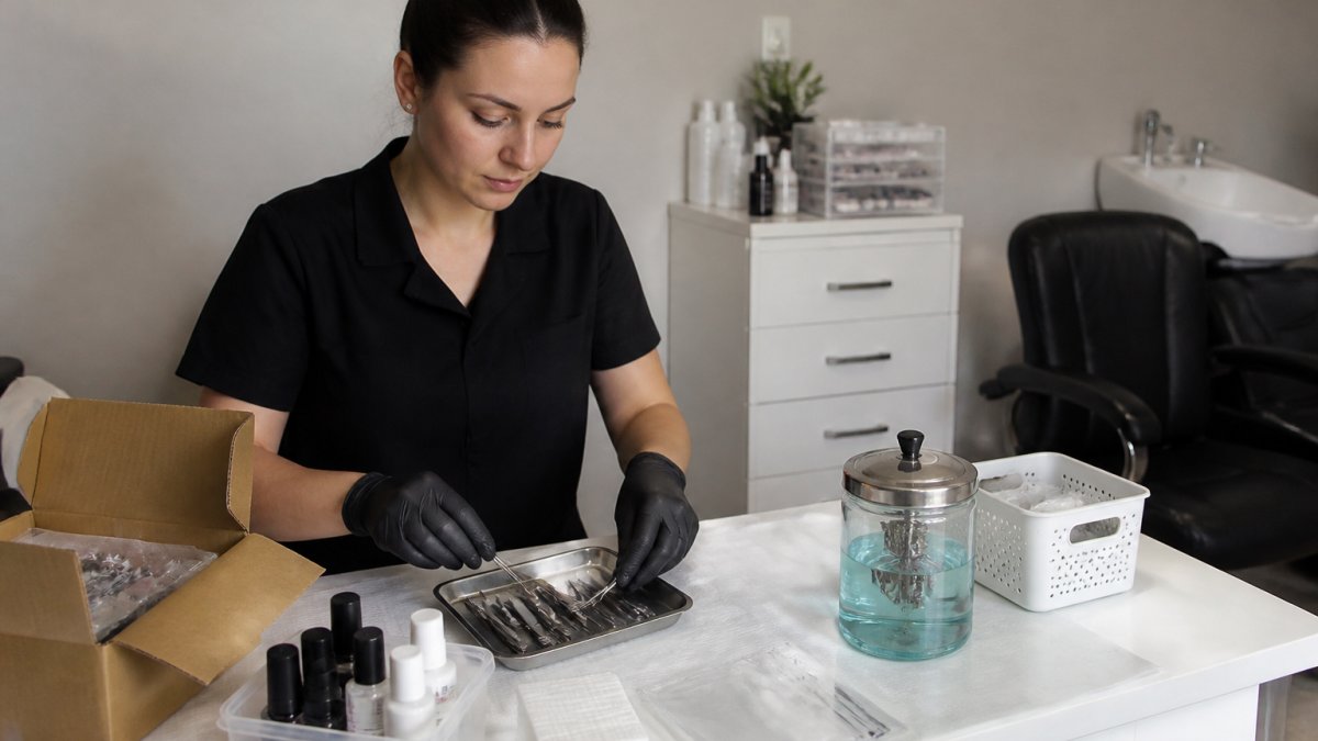 Step-by-step diagram for sanitizing manicure tools and setting up a clean nail salon workstation
