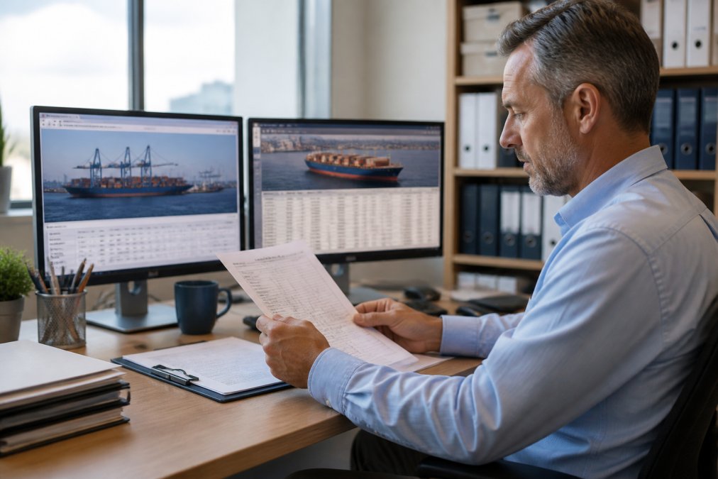 Supply chain manager reviewing shipment documentation and ocean freight tracking data on a desktop computer in a modern logistics office with dual monitors and organized filing systems