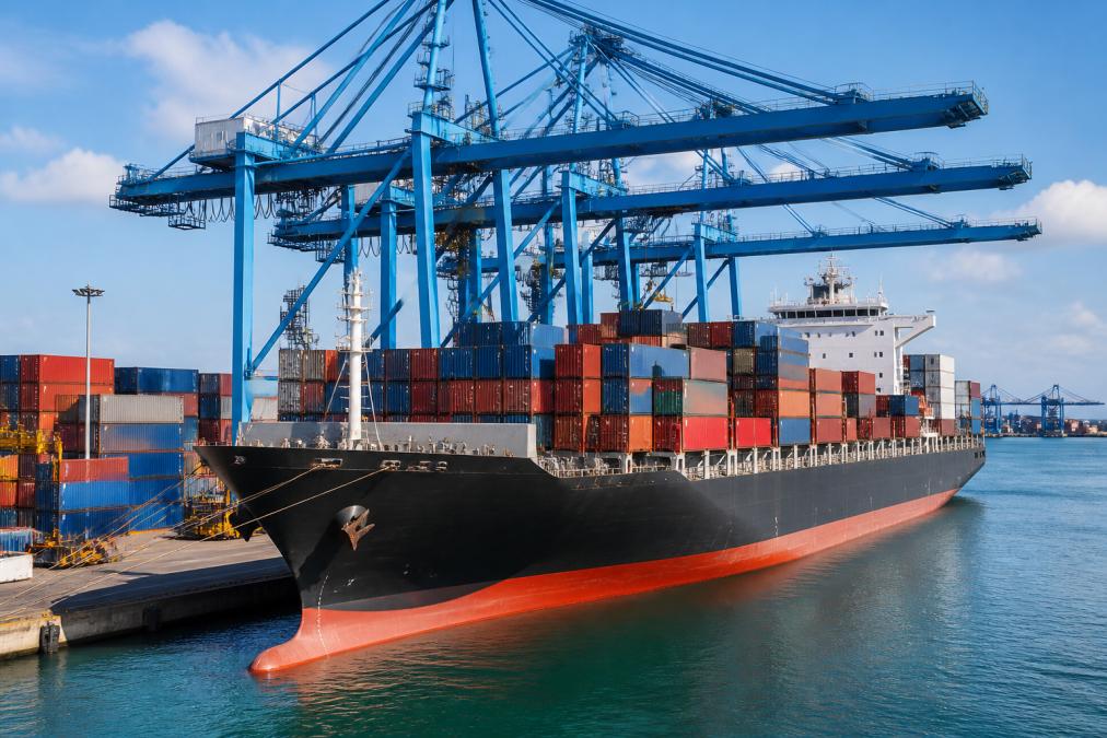 Container ships docked at a busy port terminal with massive overhead gantry cranes actively loading colorful stacked cargo containers in daylight with clear skies