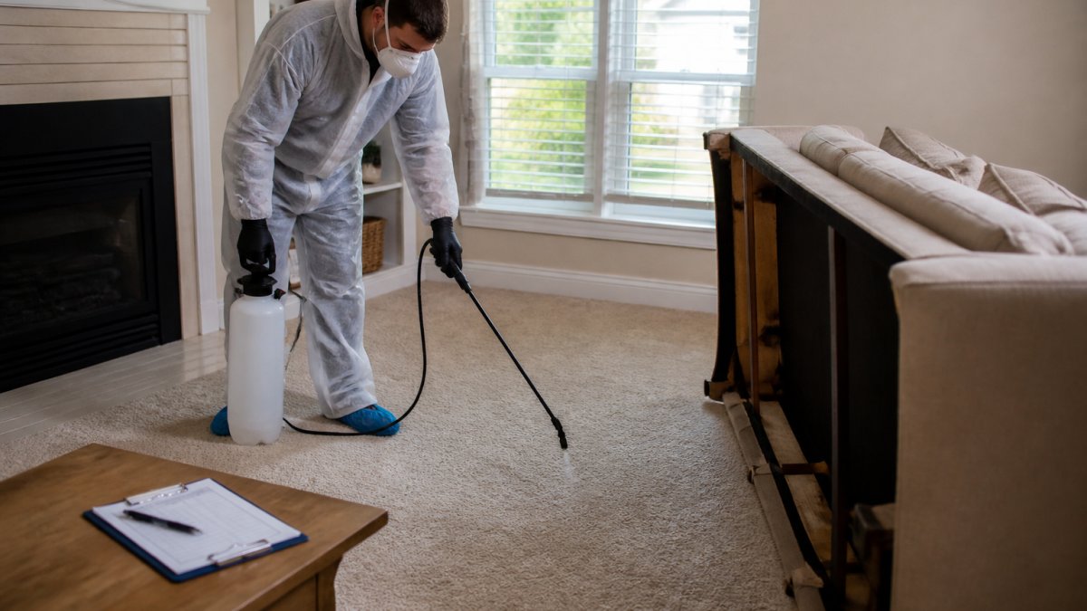A technician in protective gear using a pump sprayer to treat a carpeted living room, furniture pushed to one side, a clipboard with an inspection checklist resting on a nearby side table, daylight coming through the window