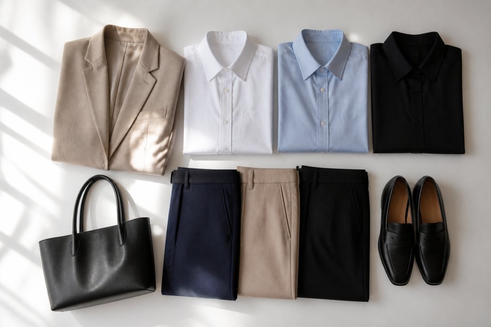 Flat lay of a well-organized professional wardrobe with neutral blazers, crisp button-down shirts, tailored trousers, and loafers on a clean white surface, soft daylight from the left