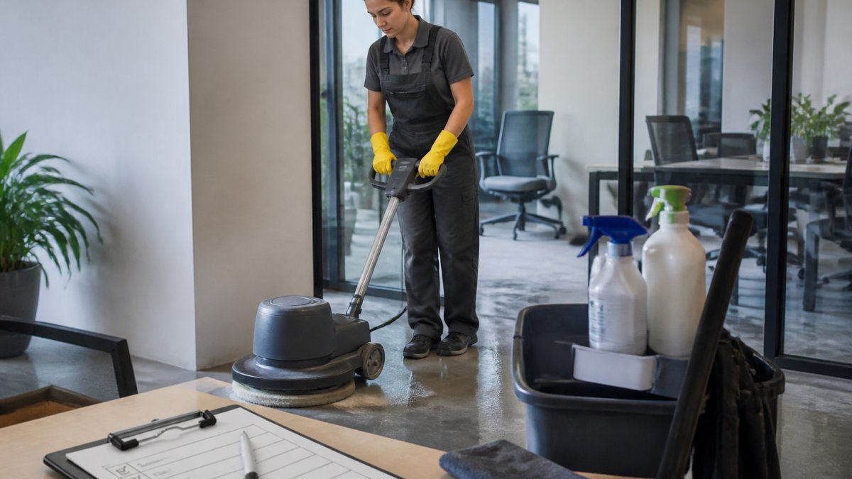 Uniformed cleaner using industrial floor equipment with a professional office cleaning checklist nearby