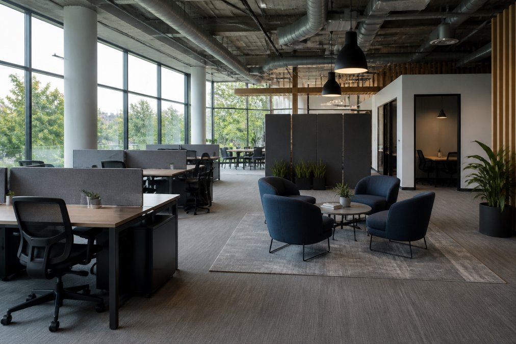 Modern open-concept office with modular workstations, collaboration zones with lounge seating, and private focus areas separated by acoustic panels, natural light from floor-to-ceiling windows
