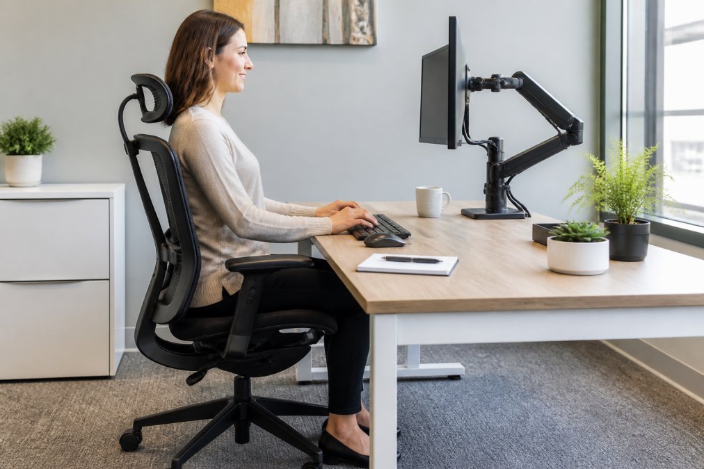 Professional sitting at an ergonomic desk setup with adjustable chair, monitor arm, and proper posture alignment in a bright office environment, hands positioned at keyboard