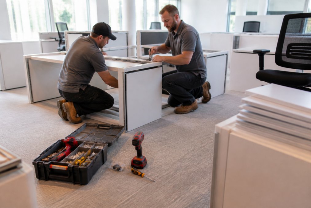 Two professional furniture installers assembling a modular workstation in a bright commercial office space, with tools and hardware laid out on the floor nearby