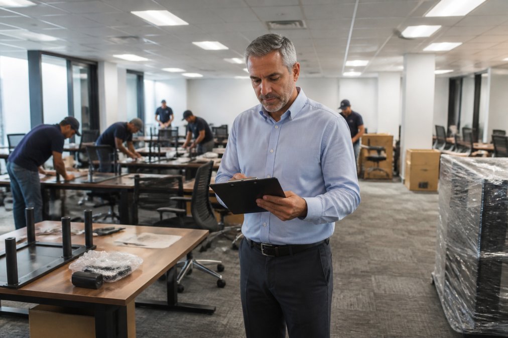 A facility manager reviewing a clipboard checklist while standing in a partially furnished open-plan office with rows of desks and chairs being set up by an installation crew in the background