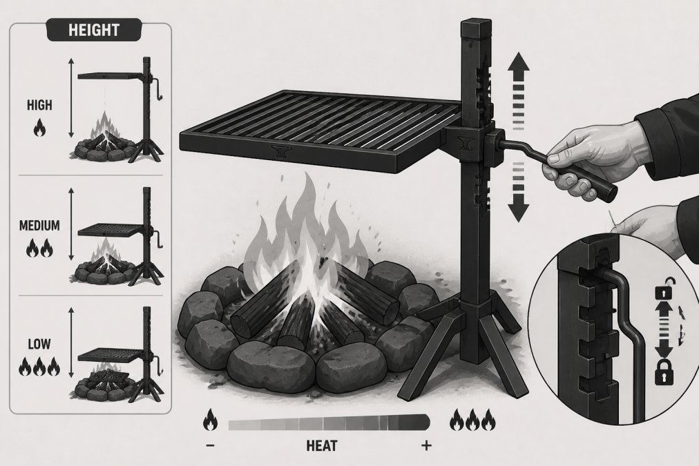 Close-up of heavy carbon steel adjustable campfire grill positioned over an open fire with visible flames rising, showing hands adjusting the height mechanism to control heat intensity