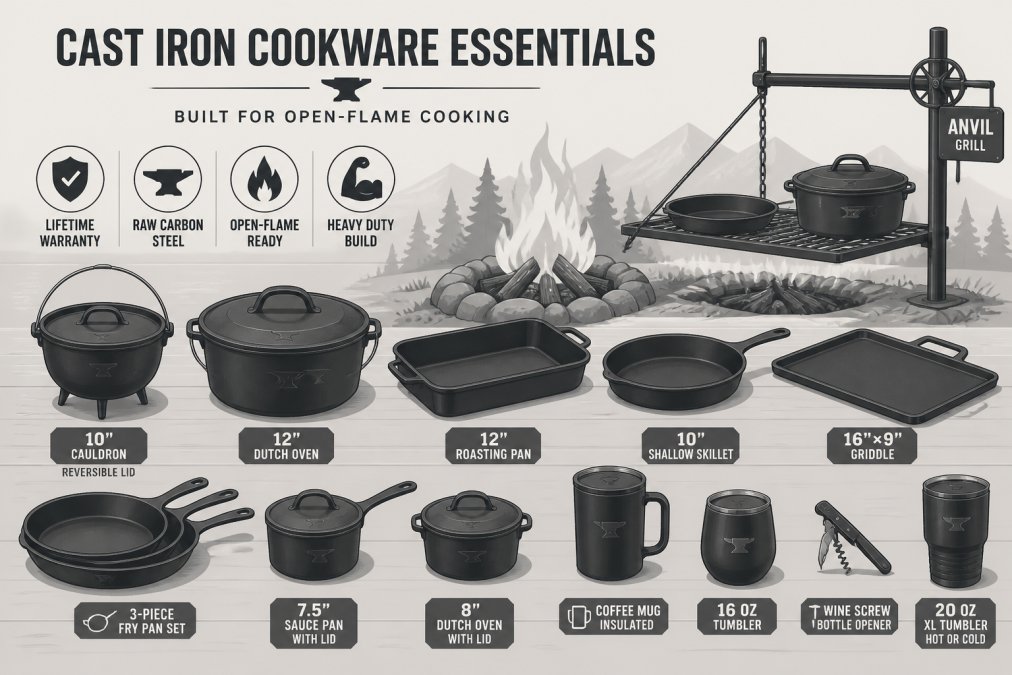 Array of cast iron cookware pieces including dutch oven, skillets of varying sizes, griddle, and cauldron arranged on a wooden surface outdoors with an active campfire in the background, showing the variety of cooking surfaces available