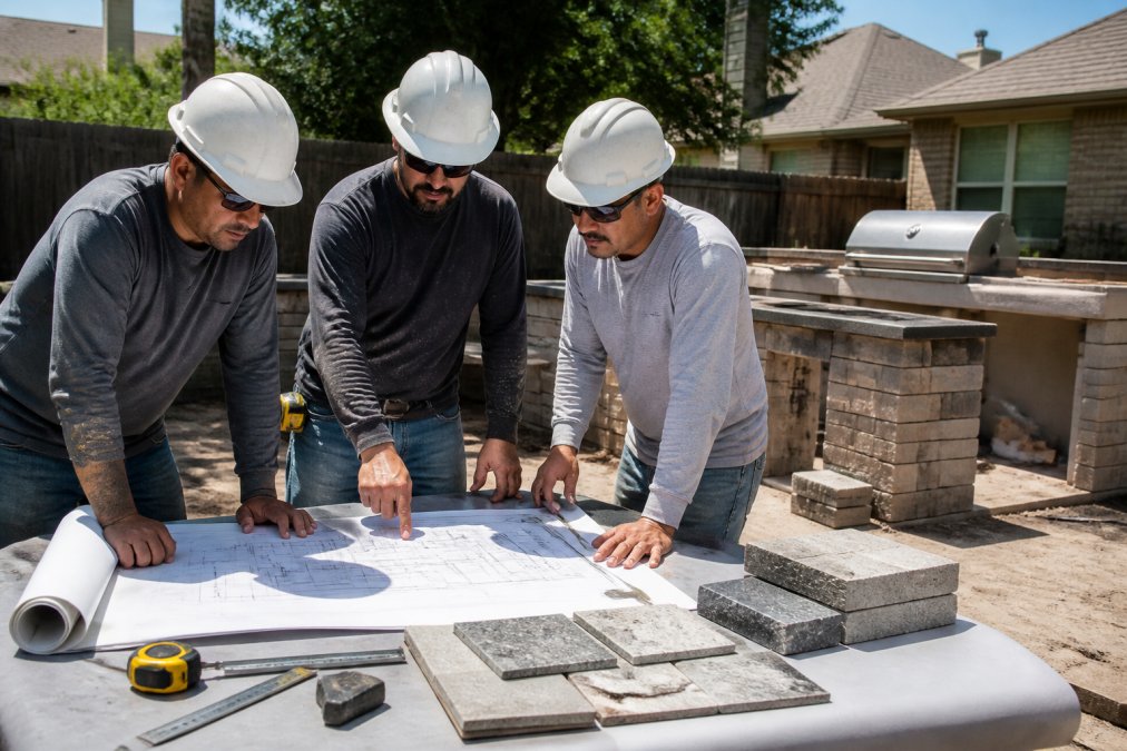 Construction crew in hard hats reviewing blueprints for an outdoor kitchen project in a suburban backyard, partially built stone grill island visible in background