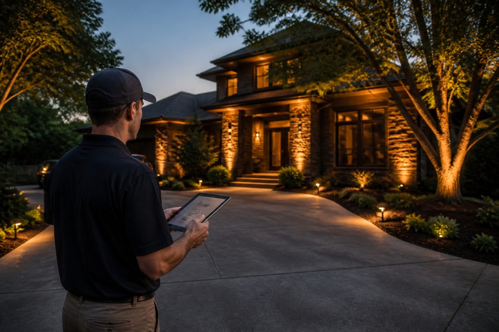 A lighting professional standing on a residential driveway at dusk, reviewing a property layout on a tablet while looking up at an illuminated home facade with warm amber accent lighting on stone columns and mature trees