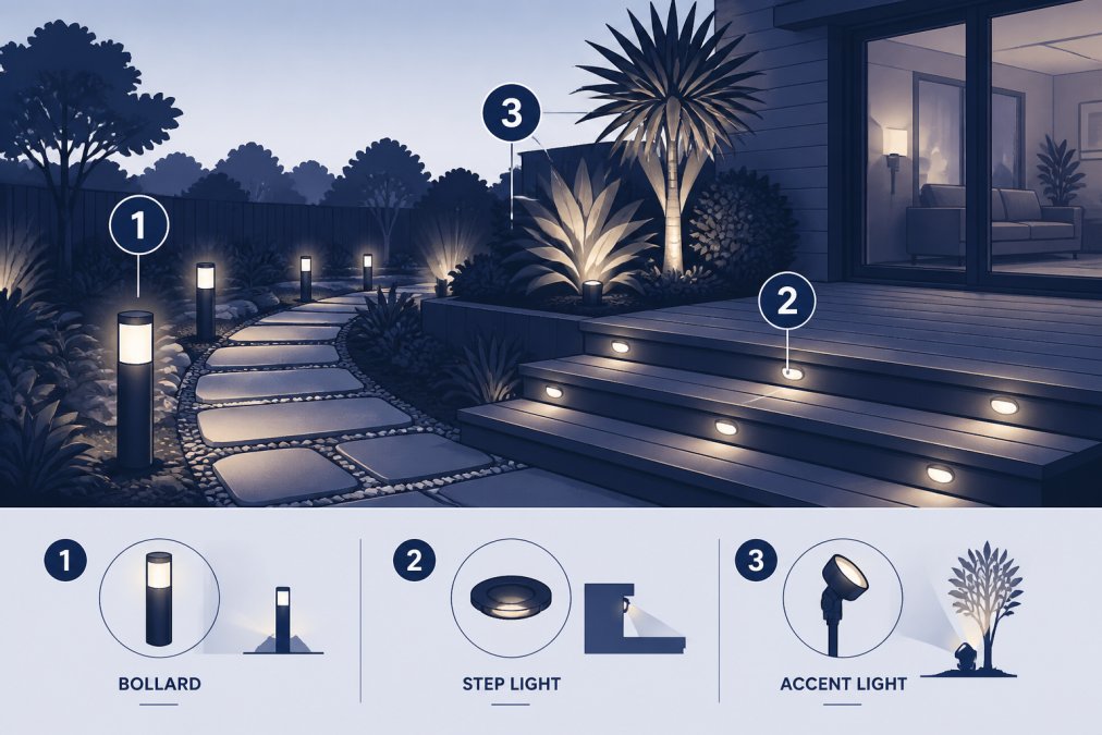 Residential garden at dusk showing pathway bollards lighting a stone pathway, deck step lights illuminating wooden timber decking, and accent lighting highlighting feature plants with warm amber tones