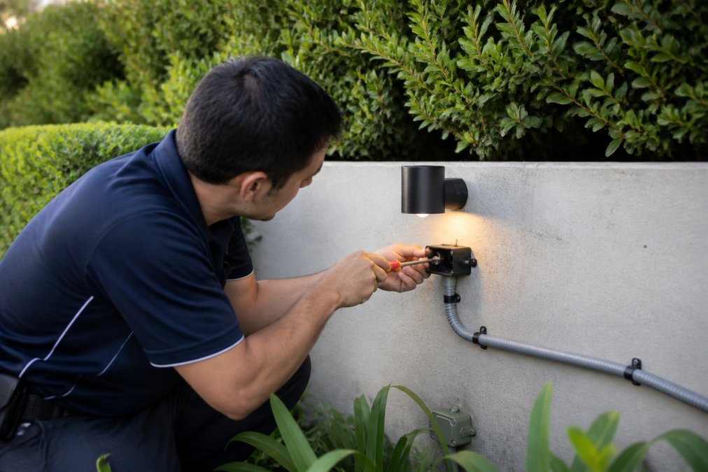 Qualified technician installing an outdoor light fixture onto a garden wall, with weatherproof components and cable conduit visible, demonstrating professional installation technique in afternoon garden lighting