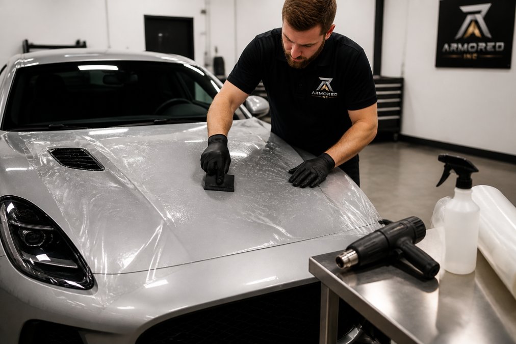 A technician in a clean, well-lit installation bay pressing a squeegee firmly across clear paint protection film on the hood of a silver luxury sports car, with a heat gun and isopropyl alcohol spray bottle on a stainless workbench beside him