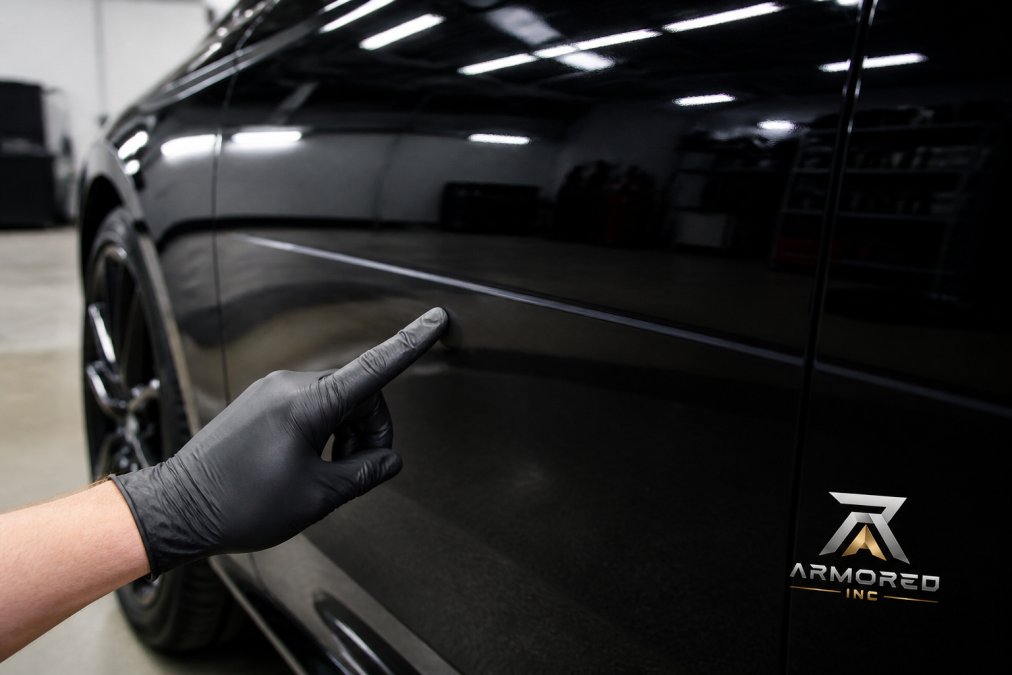 Close-up of a glossy black car door panel showing the seamless, nearly invisible edge of installed clear paint protection film, with soft overhead light reflecting off the hydrophobic top coat surface to reveal the paint depth beneath