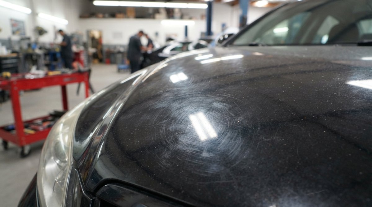 Close-up of a car hood under bright workshop lighting showing visible swirl marks and spider web scratches in the clear coat