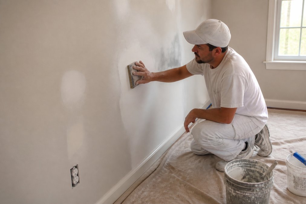 Professional painter carefully sanding and preparing a residential wall surface, showing detailed drywall repair and patching work with drop cloths and preparation materials visible