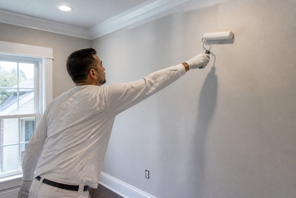 Professional painter applying primer and finish coat to interior wall with precision, demonstrating proper technique and attention to detail in a bright residential room
