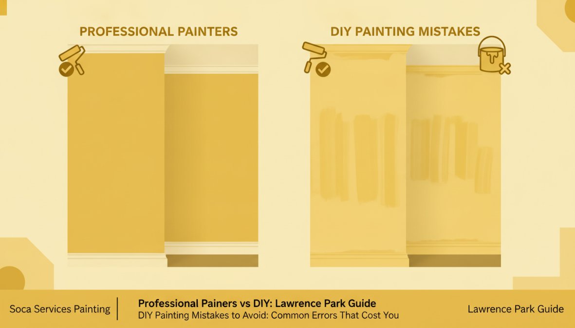 Side-by-side comparison showing a professionally painted interior room in Lawrence Park with crisp, clean trim lines and uniform wall coverage next to a DIY-painted room displaying visible brush marks, uneven coats, and imperfect edges