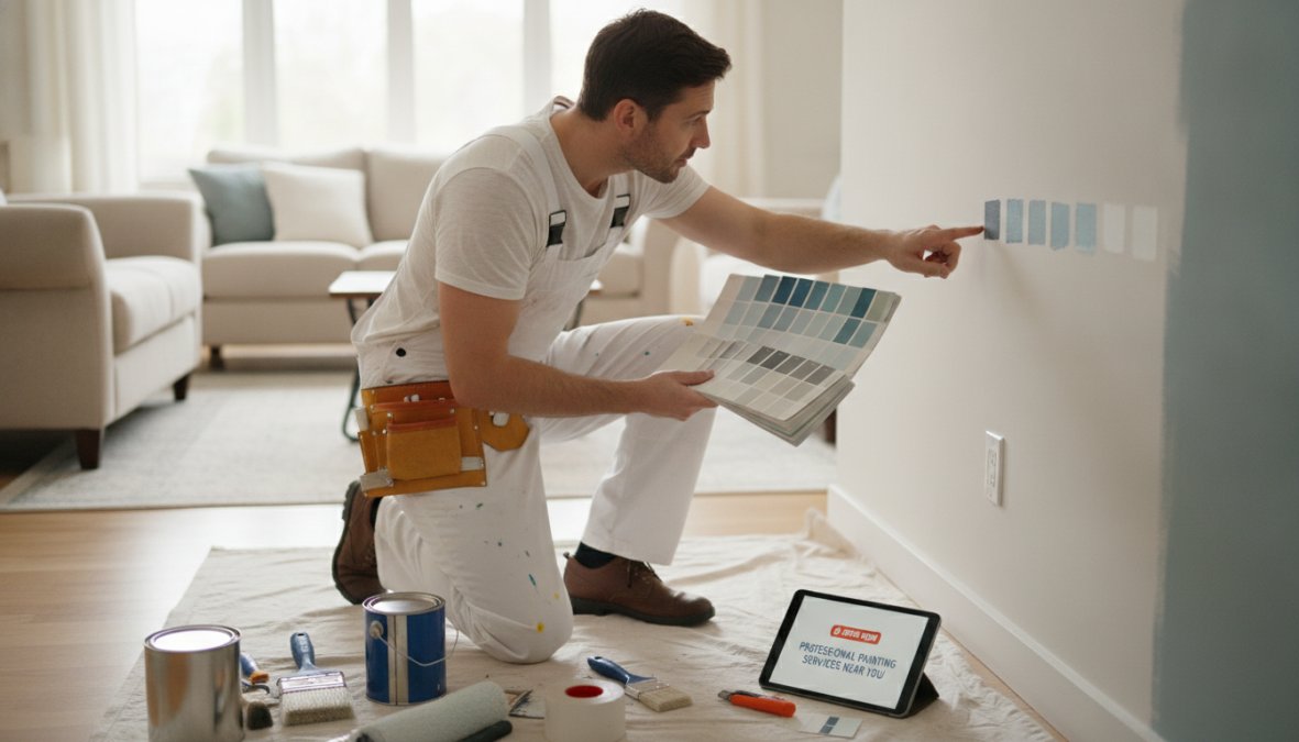 Professional painter in work attire examining a wall with paint samples and color consultation guide, showing expertise and attention to detail in a residential setting