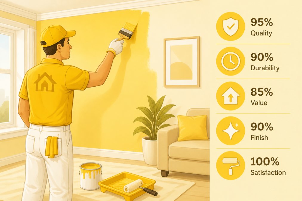Professional painter applying fresh interior paint to a living room wall with precision, showing quality brushwork and attention to detail
