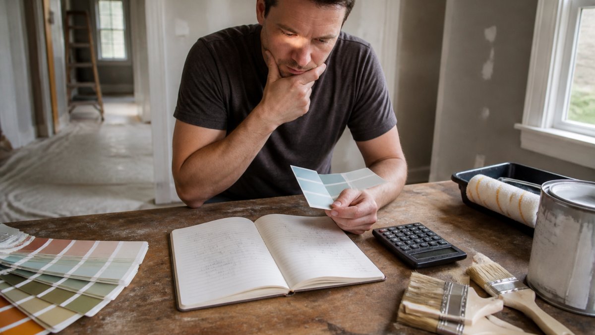 Homeowner examining paint samples and brushes on a workbench, with an open notebook showing cost estimates and a calculator nearby